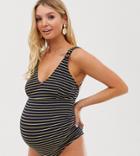 Asos Design Maternity Strappy Back Textured Swimsuit In Navy And Gold Stripe-multi