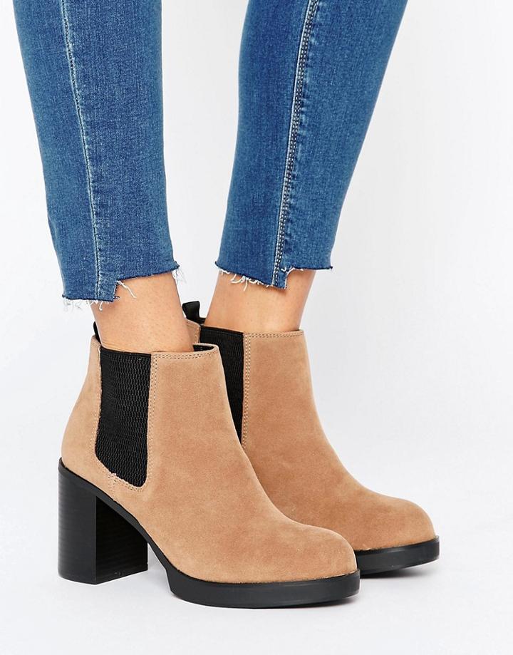 Pull & Bear Elastic Chunky Heeled Ankle Boot - Beige