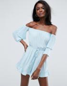 Asos Off Shoulder Romper In Crinkle With Frill Hem - Blue