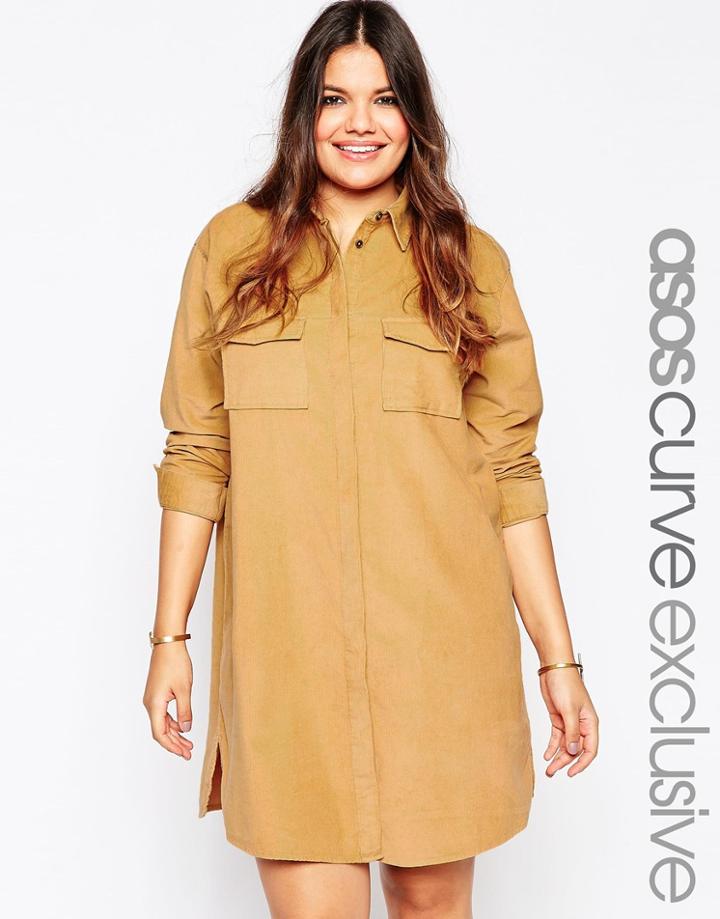 Asos Curve Shirt Dress In Cord - Sand