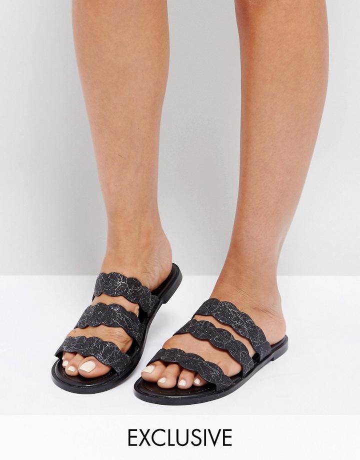 The March Black Splatter Print Triple Strap Flat Sandals - Black
