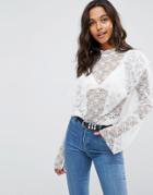 Asos Long Sleeve Blouse In Lace With Pleating Detail-white