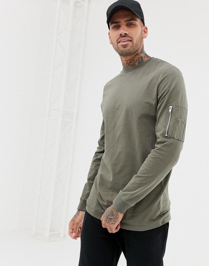Asos Design Long Sleeve T-shirt With Ma1 Zip Sleeve Pocket In Khaki - Green