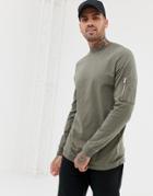Asos Design Long Sleeve T-shirt With Ma1 Zip Sleeve Pocket In Khaki - Green