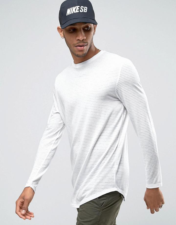 Asos Sheer Stripe Longline Long Sleeve T-shirt With Curve Hem - White