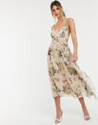 Asos Design Cami Maxi Dress With Soft Layered Skirt And Ruched Bodice In Print-multi