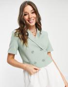 Stradivarius Cropped Short Sleeve Blazer In Sage Green