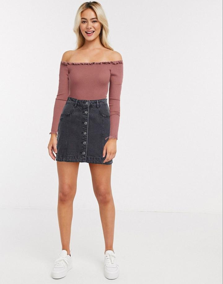 Brave Soul Frill Detail Off Shoulder Sweater In Antique Rose-pink
