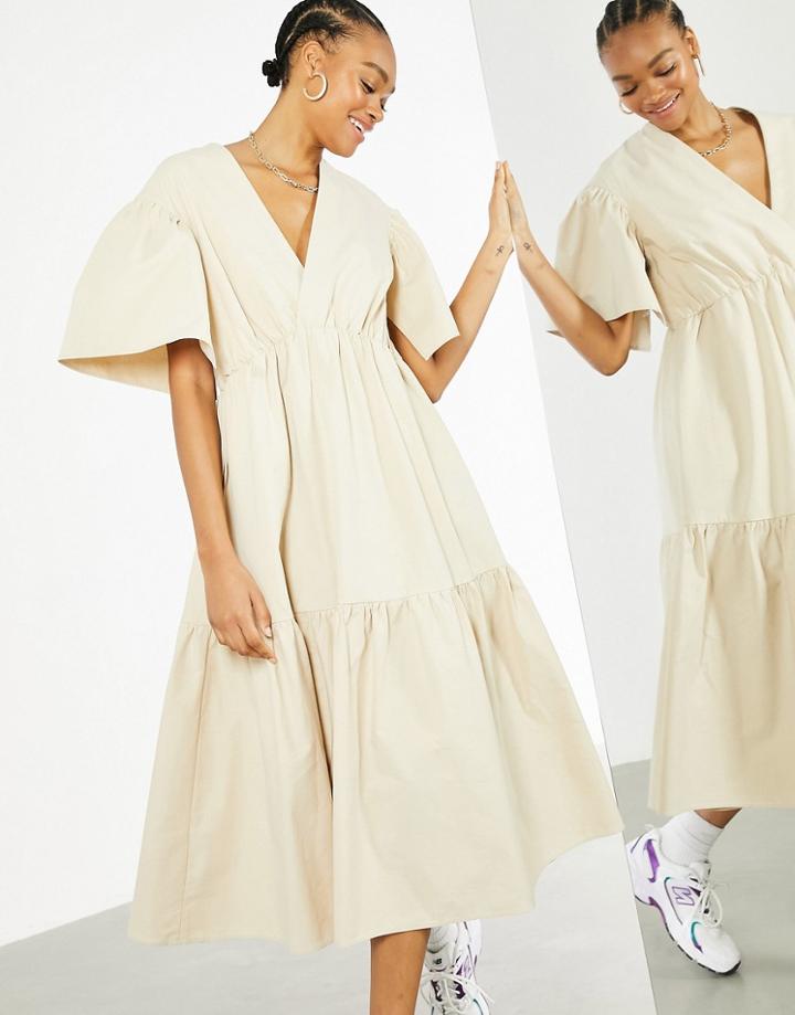 Asos Edition Wrap Tiered Midi Dress In Stone-neutral