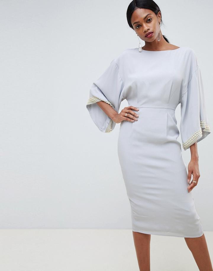 Asos Design Kimono Midi Dress With Embellished Trim - Blue