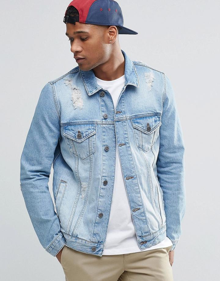 Asos Denim Jacket In Mid Wash With Rips - Blue