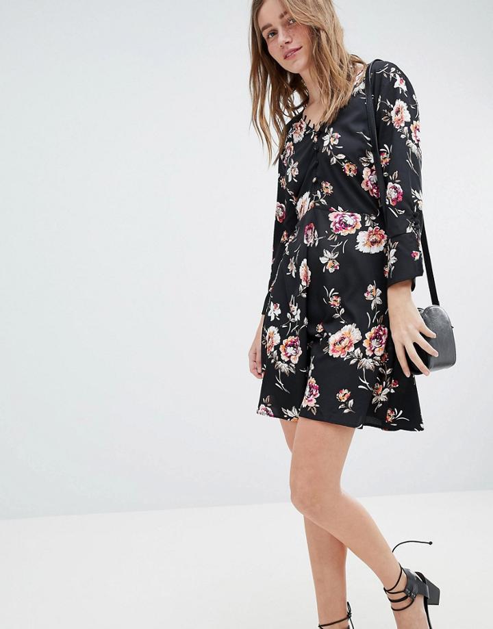 Influence Rouleaux Loop And Button Detail Dress In Floral Print - Black
