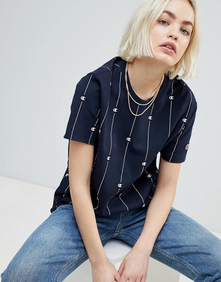 Champion Crew Neck T-shirt With Pinstripe Logo Print - Navy