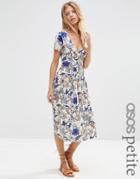 Asos Petite Wrap Midi Dress With Pleats In Floral Print - Multi