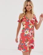 Parisian Wrap Front Mini Dress In Polka Dot And Tropical Print - Red