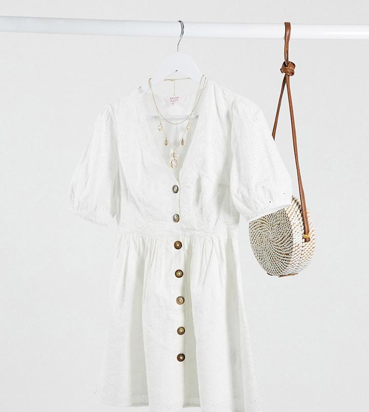 Miss Selfridge Petite Broderie Mini Dress In Ivory-white