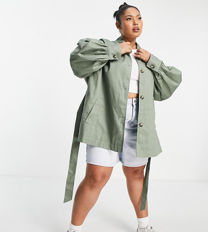 Asos Design Curve Sleeve Detail Jacket In Khaki-neutral