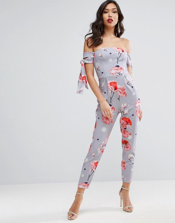 Asos Bardot Jumpsuit With Tie Sleeve In Print - Multi