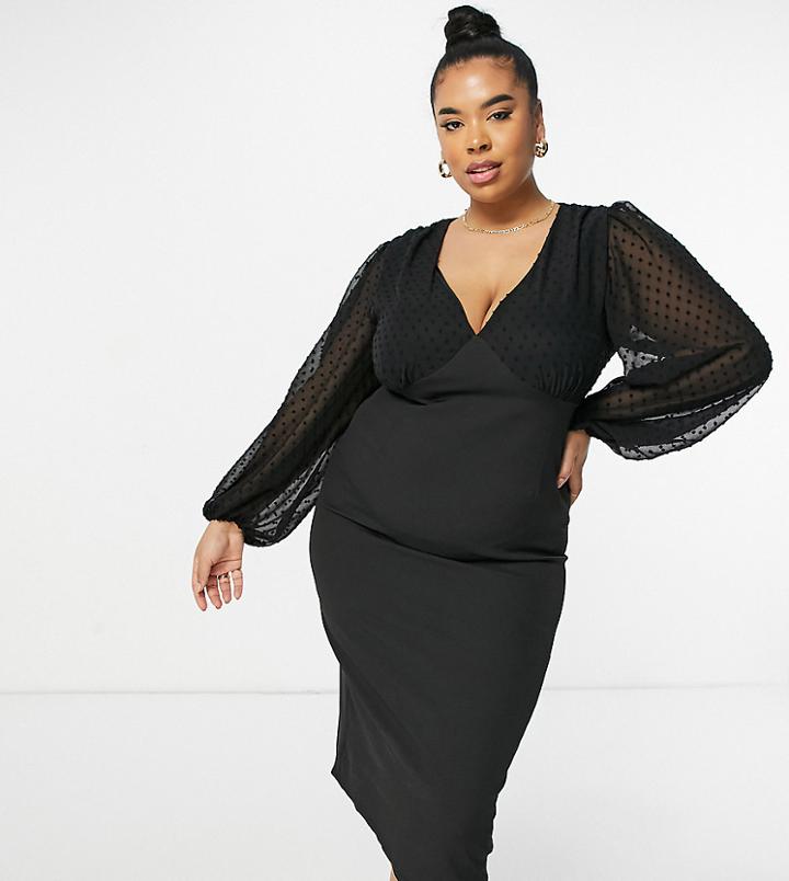 Asos Design Curve V-neck Midi Pencil Dress With Textured Sleeves In Black