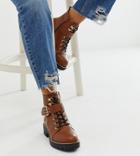 Asos Design Wide Fit Armour Chain Lace Up Boots In Tan