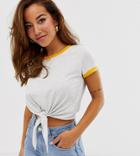 Brave Soul Petite Tie Front Ringer T Shirt In Gray