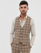 Asos Design Wedding Super Skinny Suit Suit Vest In Wool Mix Camel Check - Beige