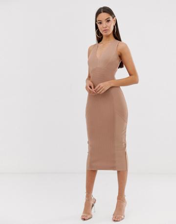 The Girlcode Pleated Bandage Mini Plunge Dress In Taupe - Brown
