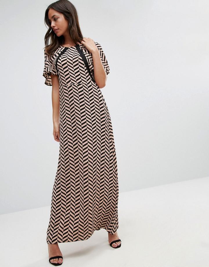 Liquorish Herringbone Print Maxi Dress Lace Details Front And Back - M