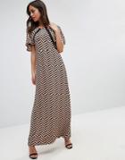 Liquorish Herringbone Print Maxi Dress Lace Details Front And Back - M