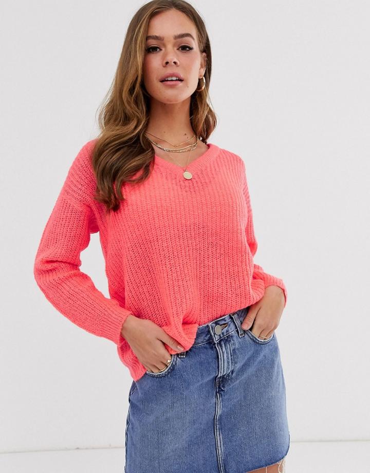Brave Soul Kneeson V Neck Sweater In Neon Pink