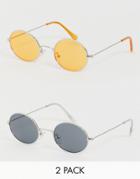 Asos Design 2 Pack Oval Sunglasses In Silver With Neon Orange Lens And Smoke Lens - Multi