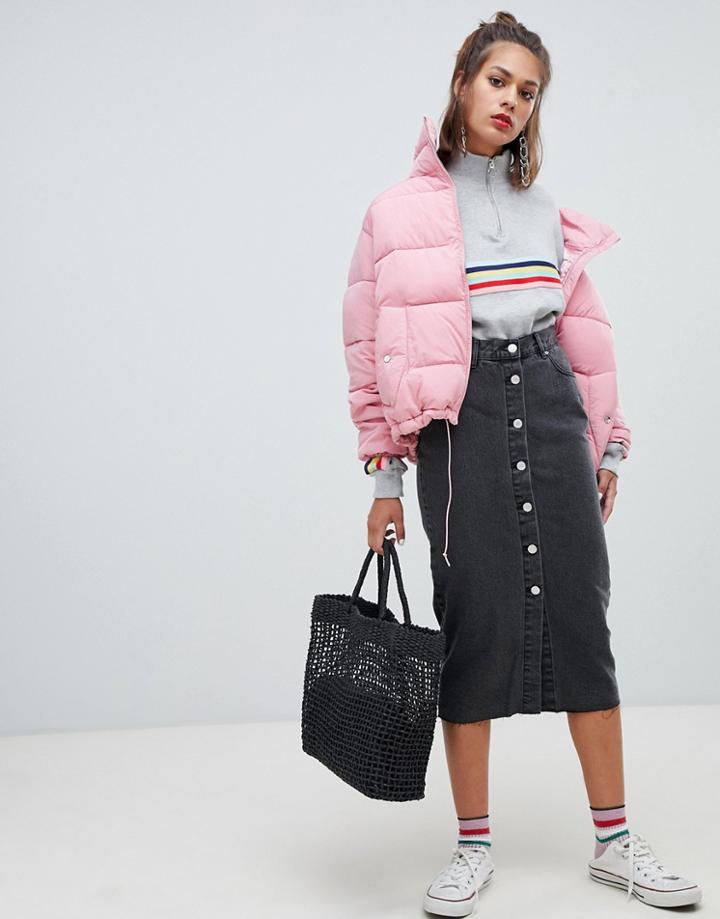 Pull & Bear Button Front Midi Skirt - Black