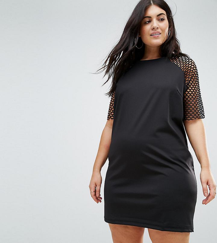 Asos Curve Scuba T-shirt Dress With Open Mesh Sleeves - Black