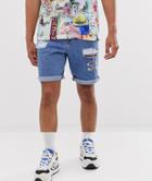 Asos Design Denim Shorts In Mid Wash Blue With Rips - Multi