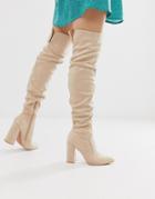 Lost Ink Ruched Over The Knee Boot In Beige - Beige