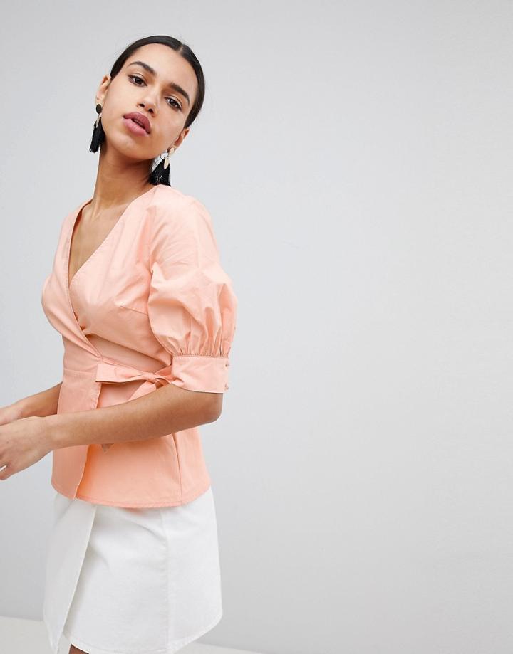 Fashion Union Wrap Front Top With Balloon Sleeves - Orange