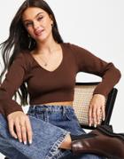 Stradivarius Knitted Ribbed V-neck Top In Brown