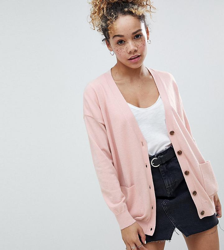 Asos Design Petite Boyfriend Cardigan In Fine Knit - Pink