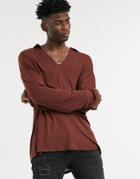 Asos Design Oversized Viscose Polo With Deep Revere Collar In Brown