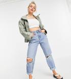 Asos Design Petite Oversized Chuck On Faux Leather Jacket In Sage-gray