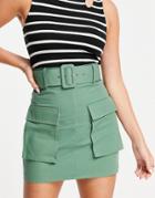 Asos Design Utility Mini Skirt With Belt Detail In Khaki-green