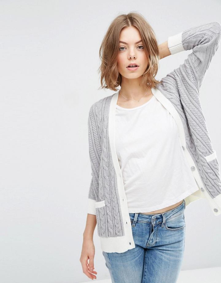 Asos Cable Cardigan With Contrast Trim - Gray