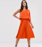 Asos Tall One Shoulder Pleated Crop Top Midi Dress-orange