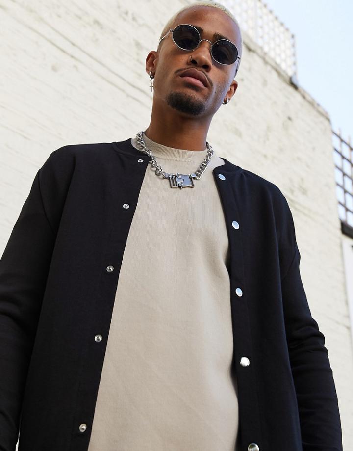 Asos Design Jersey Muscle Bomber Jacket In Black With Poppers
