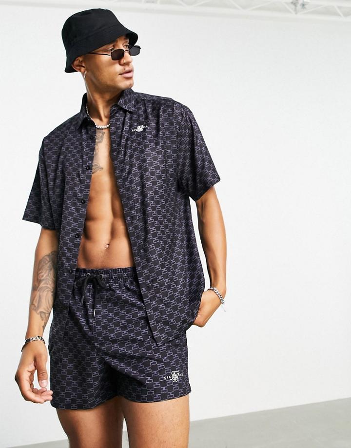 Siksilk Monogram Resort Shirt In Navy