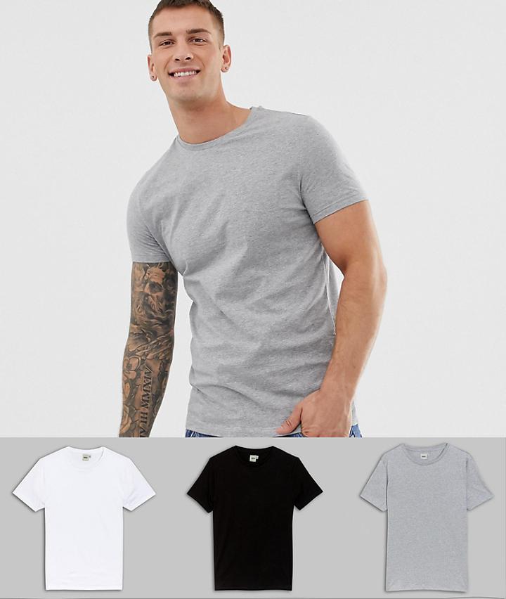 Asos Design 3 Pack T-shirt With Crew Neck In White/black/gray Marl With Crew Neck Save-multi
