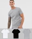 Asos Design 3 Pack T-shirt With Crew Neck In White/black/gray Marl With Crew Neck Save-multi