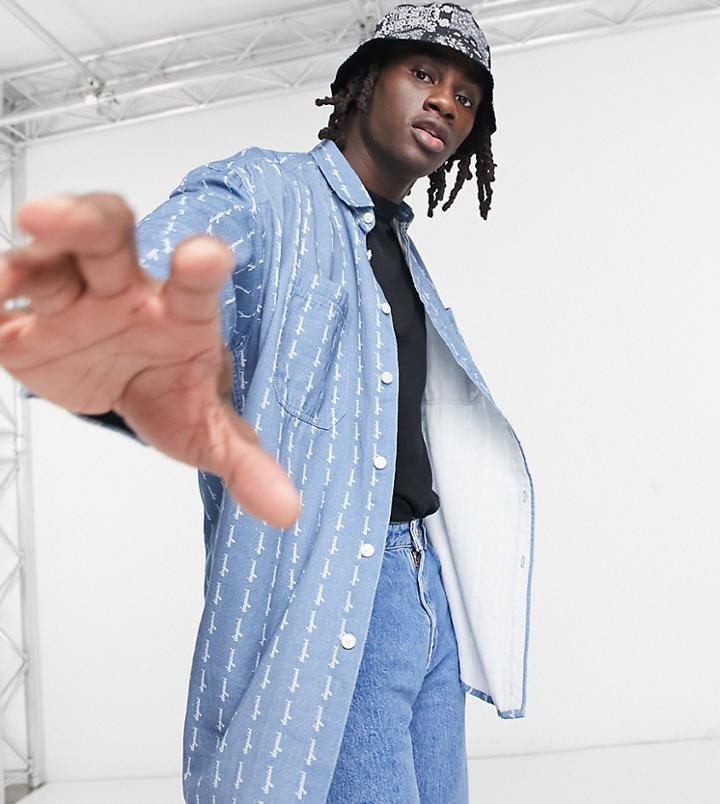 Asos Daysocial 90s Oversized Fit Denim Shirt In Logo All Over Stripe Print-navy