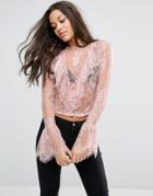 Asos Top In Lace With Ruffle Front And Long Sleeve - Multi