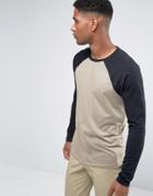 Asos Long Sleeve T-shirt With Contrast Raglan Sleeves In Brown - Brown